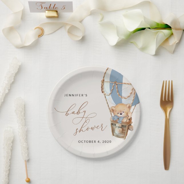 Teddy Bear, Blue Hot Air Balloon, Baby Shower Paper Plates (Wedding)