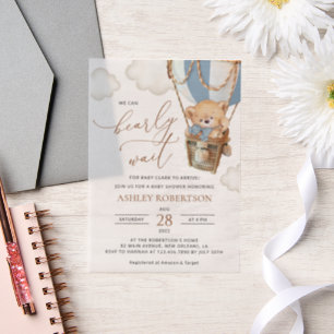 Teddy Bear, Blue Hot Air Balloon, Baby Shower Vellum Invitations