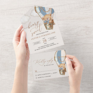 Teddy Bear, Blue Hot Air Balloon, First Birthday All In One Invitation