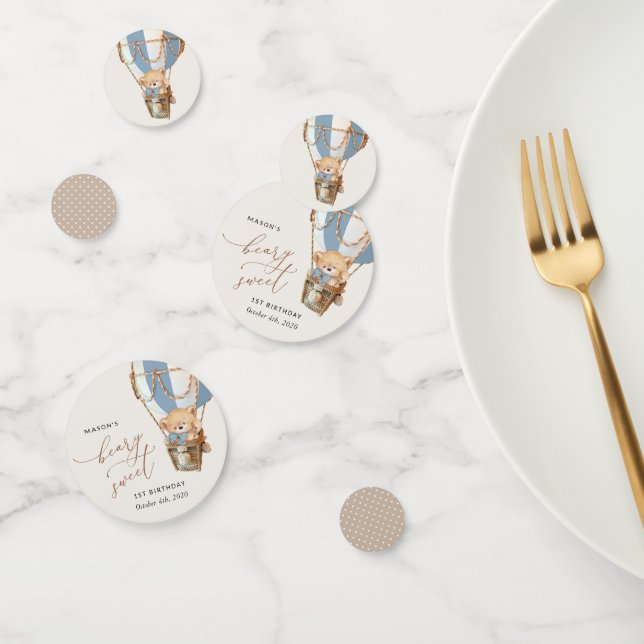 Teddy Bear, Blue Hot Air Balloon, First Birthday Confetti (Group)