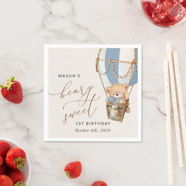 Teddy Bear, Blue Hot Air Balloon, First Birthday Napkins (Insitu)