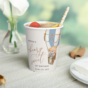 Teddy Bear, Blue Hot Air Balloon, First Birthday Paper Cups