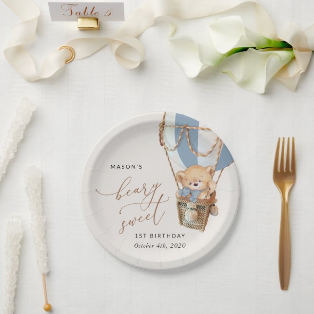 Teddy Bear, Blue Hot Air Balloon, First Birthday Paper Plates (Wedding)