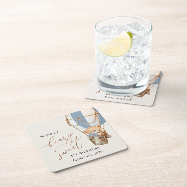 Teddy Bear, Blue Hot Air Balloon, First Birthday Square Paper Coaster (Insitu)