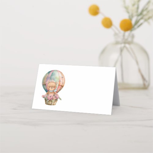 Teddy Bear Blue Hot Air Balloon Party Table Card