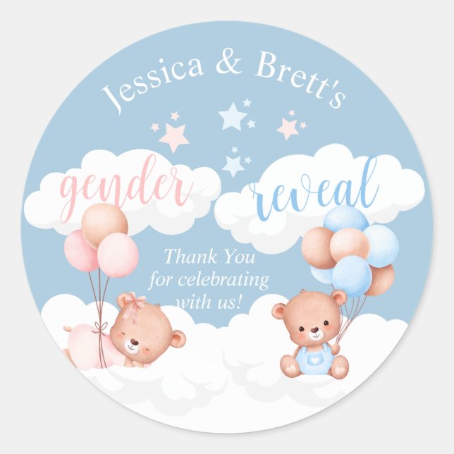 Teddy Bear Blue or Pink Gender Reveal Classic Roun Round Sticker (Front)