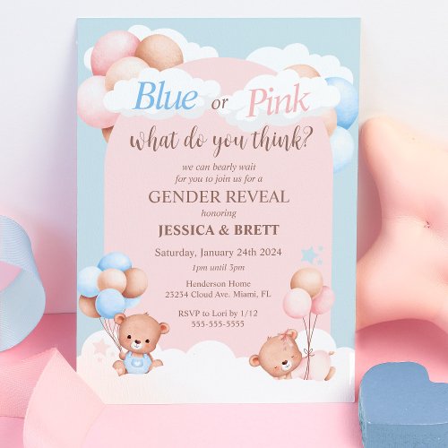 Teddy Bear Blue or Pink Gender Reveal Invitation
