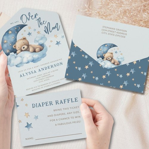 Teddy Bear Blue Over the Moon Baby Shower All In One Invitation