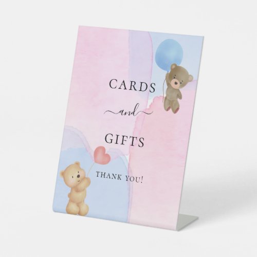 Teddy bear blue pink gender reveal cards gifts pedestal sign