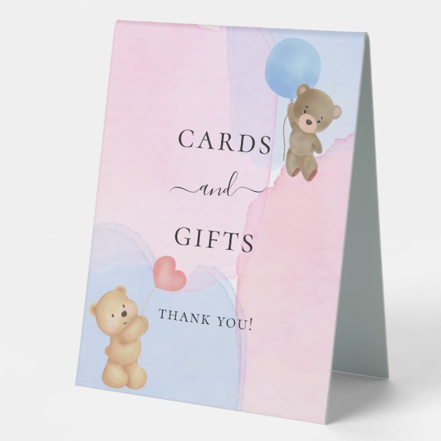 Teddy bear blue pink gender reveal cards gifts table tent (Front)