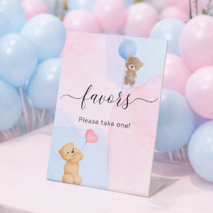 Teddy bear blue pink gender reveal favor pedestal sign