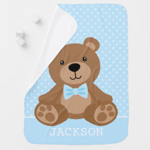 Teddy Bear Blue Polka Dot Personalized Baby Blanket