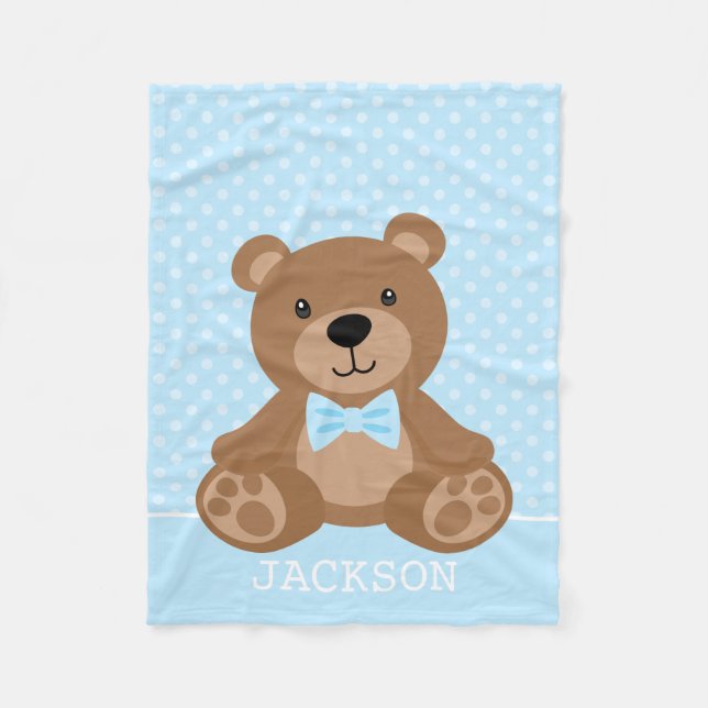 Teddy Bear Blue Polka Dot Personalized Boy Fleece Blanket (Front)