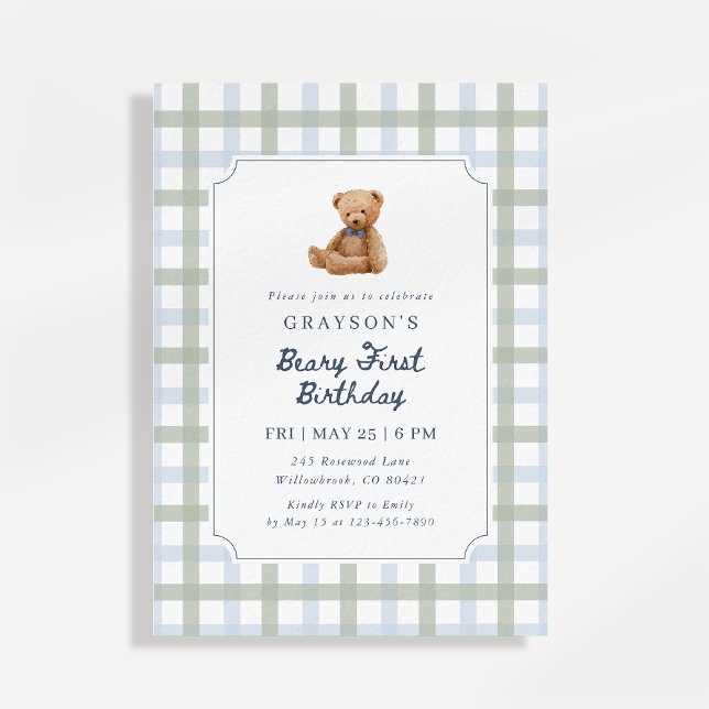 Teddy Bear Blue Sage Green First Birthday  Invitation (Creator Uploaded)