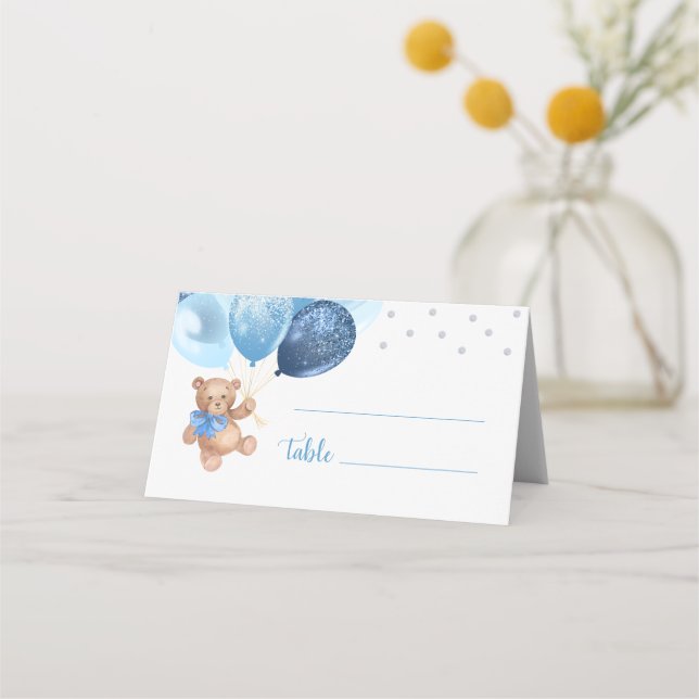 Teddy Bear Blue Silver Balloons Baby Shower Folded Place Card (Front)