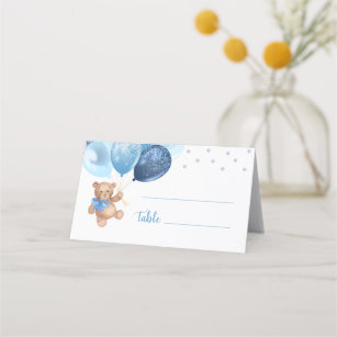 Teddy Bear Blue Silver Balloons Baby Shower Folded Place Card