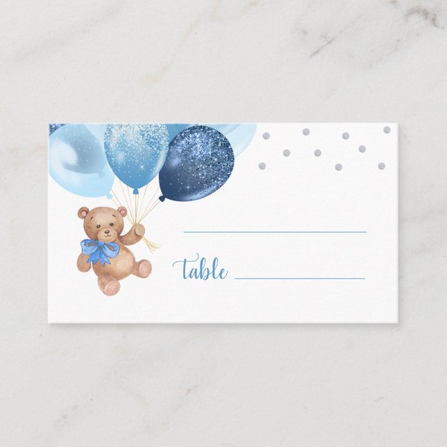 Teddy Bear Blue Silver Balloons Baby Shower Place Card (Front)