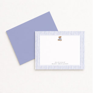 Teddy Bear Blue Stripe Preppy Nursery Note Card