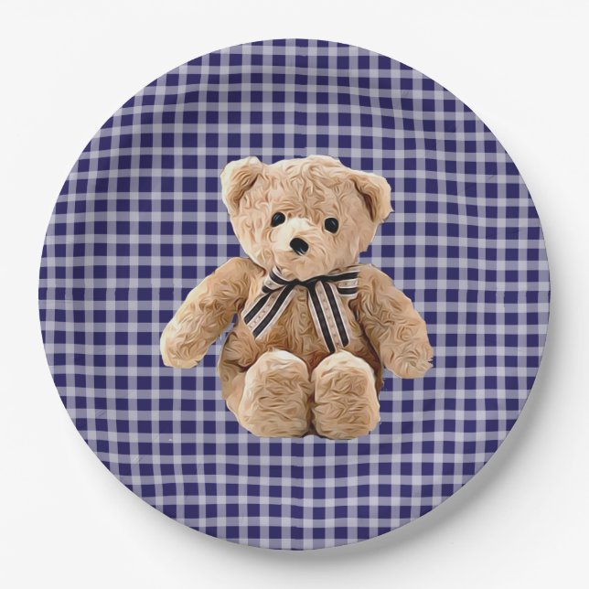 Teddy Bear Blue Striped Party Plate (Front)
