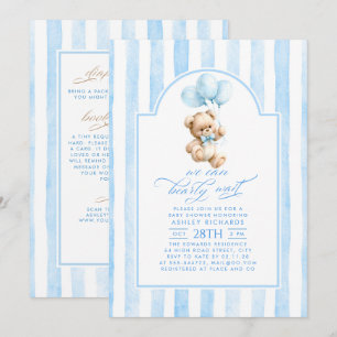 Teddy Bear Blue Stripes Baby Shower All In One Invitation