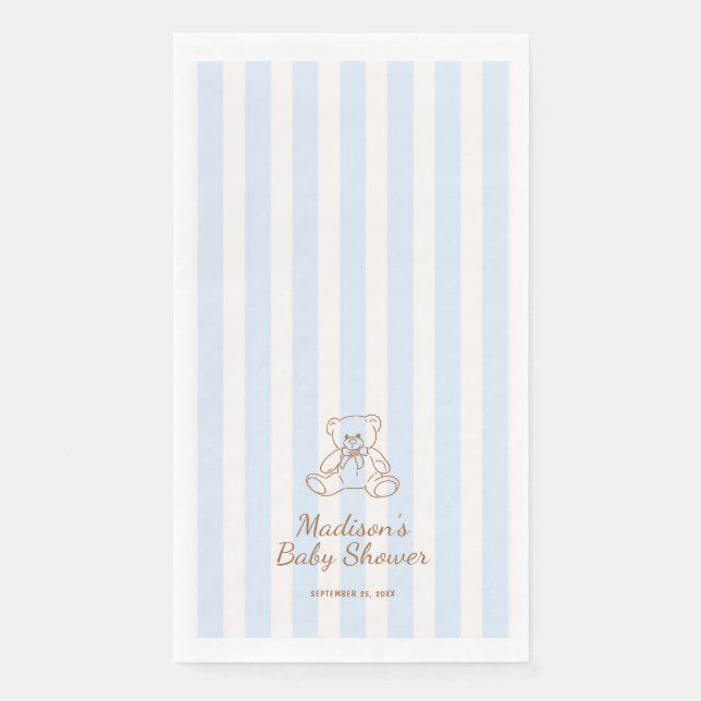 Teddy Bear Blue Stripes Baby Shower Paper Guest Towels (Front)