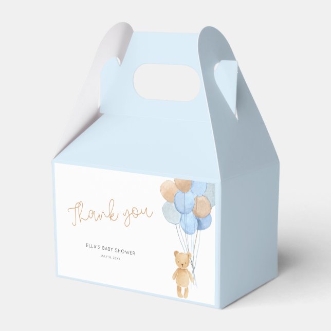Teddy Bear Blue Tan Balloons Baby Shower Favor Box (Front Side)