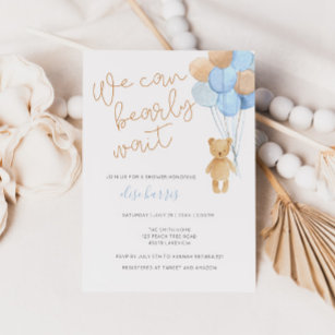 Teddy Bear Blue Tan Balloons Baby Shower Invitation