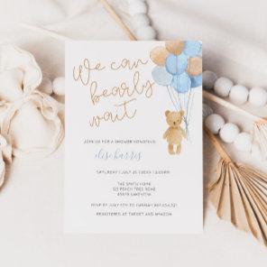 Teddy Bear Blue Tan Balloons Baby Shower Invitation