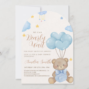 Teddy Bear Blue Tan Balloons Baby Shower Invitation