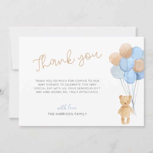 Teddy Bear Blue Tan Balloons Baby Shower Thank You Card