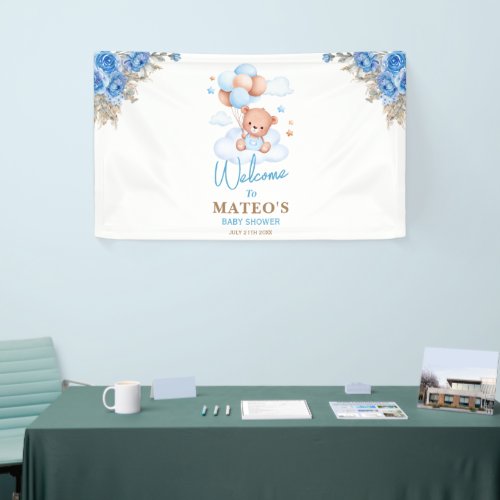 Teddy Bear Blue Tan Balloons Baby Shower Welcome Banner