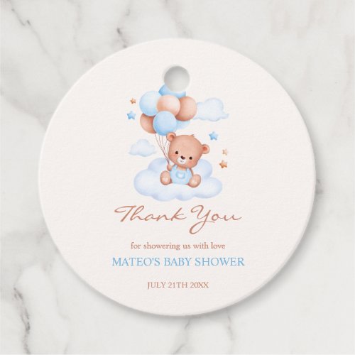 Teddy Bear Blue Tan Balloons Boy Baby Shower Favor Tags