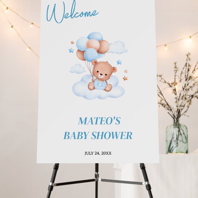 Teddy Bear Blue Tan Balloons Welcome Foam Board (In Situ (Stand))