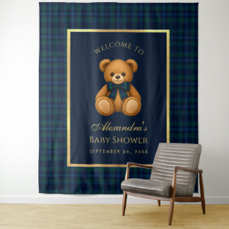 Teddy Bear Blue Tartan Preppy Baby Shower Backdrop