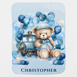 Teddy Bear Blue Train Boy Baby Shower Blanket