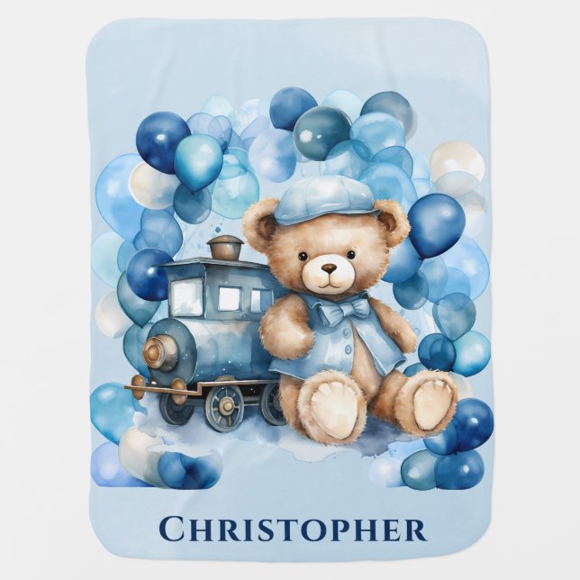 Teddy Bear Blue Train Boy Baby Shower Blanket (Front)