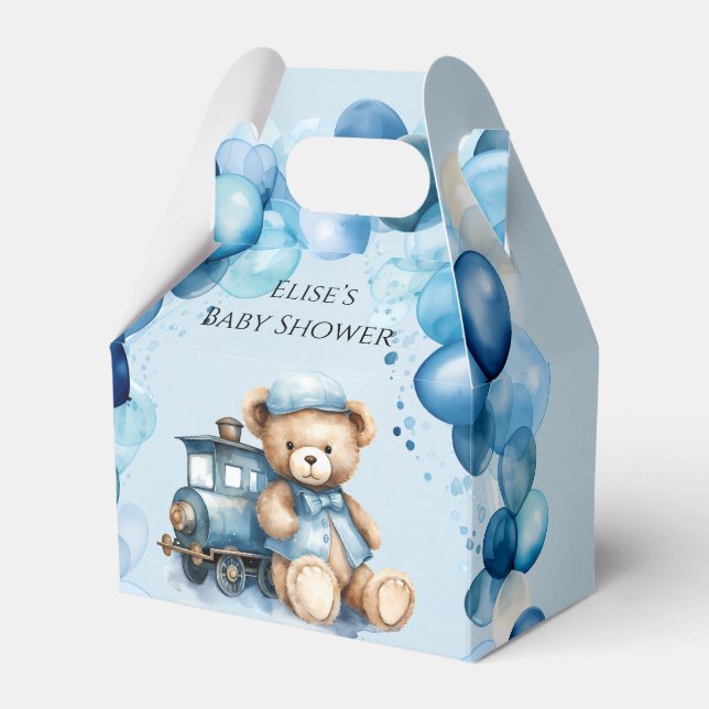 Teddy Bear Blue Train Boy Baby Shower Favor Boxes (Front Side)