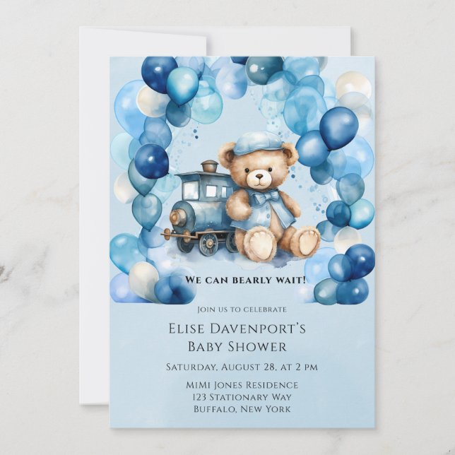 Teddy Bear Blue Train Boy Baby Shower Invitation (Front)
