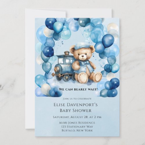 Teddy Bear Blue Train Boy Baby Shower Invitation