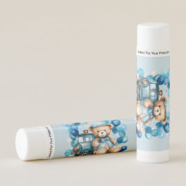 Teddy Bear Blue Train Boy Baby Shower Lip Balm