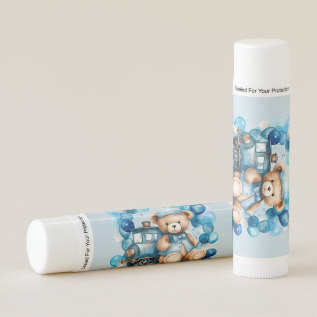 Teddy Bear Blue Train Boy Baby Shower Lip Balm (Front)