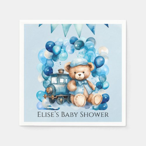 Teddy Bear Blue Train Boy Baby Shower Napkins