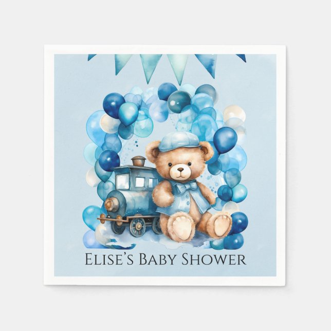 Teddy Bear Blue Train Boy Baby Shower Napkins (Front)