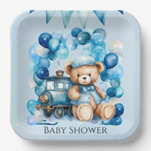 Teddy Bear Blue Train Boy Baby Shower Paper Plates