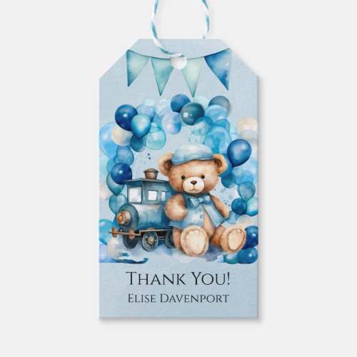 Teddy Bear Blue Train Boy Baby Shower Thank You Gift Tags