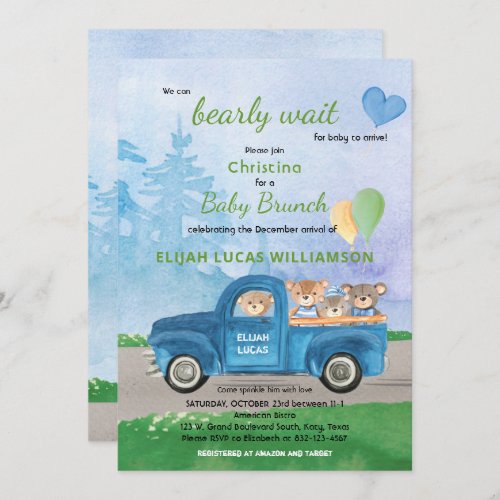 Teddy Bear Blue Truck Balloons Forest Baby Shower Invitation