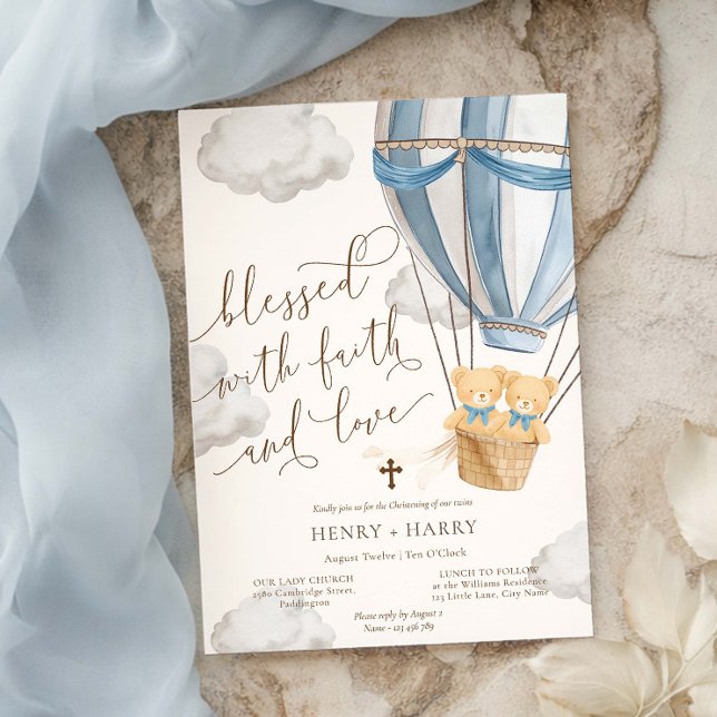 Teddy Bear Blue Twins Christening Invitation (Creator Uploaded)