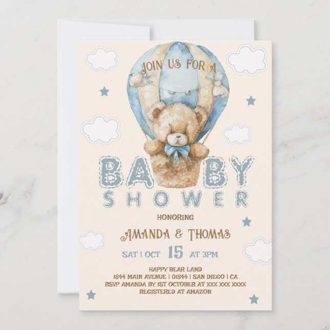 Teddy Bear Blue Vintage Boy Baby Shower Invitation (Front)