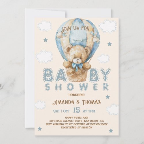 Teddy Bear Blue Vintage Boy Baby Shower Invitation