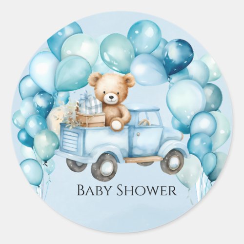 Teddy Bear Blue Vintage Truck Boy Baby Shower Classic Round Sticker